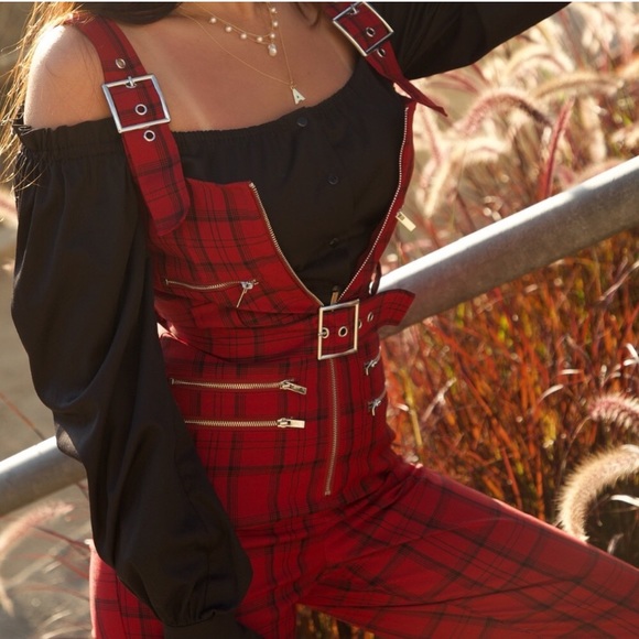 WeWoreWhat Moto Overalls in Red Plaid - Picture 16 of 16